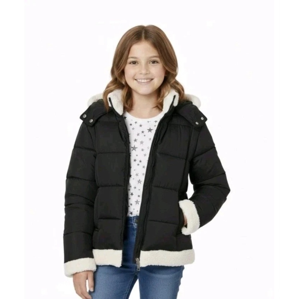 Sam Edelman Girls Youth Puffer Jacket Sherpa Trim Star Medium 10/12 Black NWT